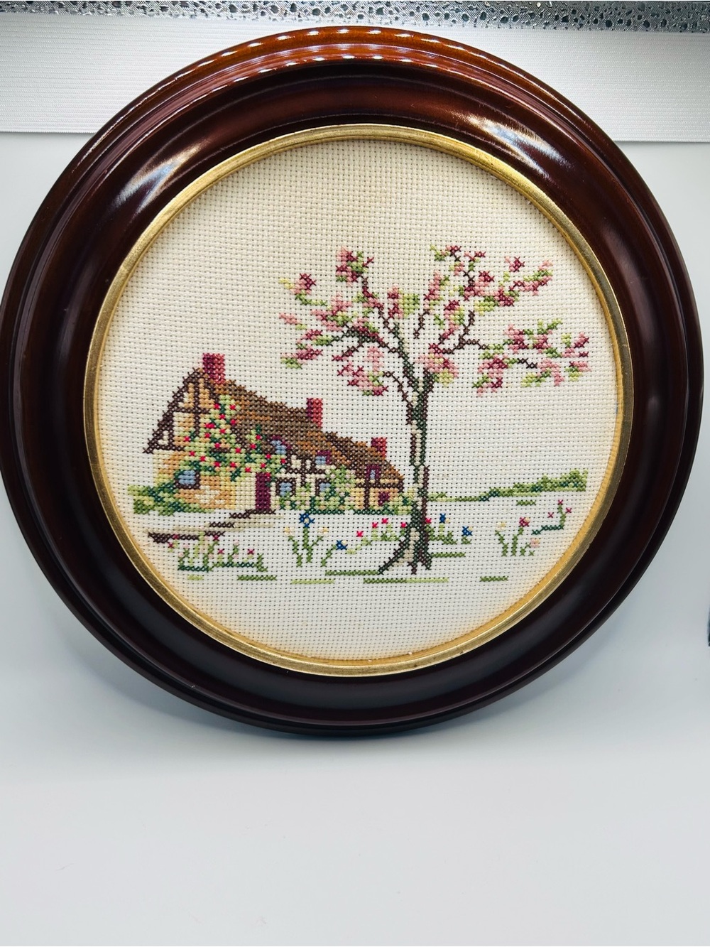 Vintage Framed Cross Stitch Cottage Scene | Round Needlework Wall Art | English